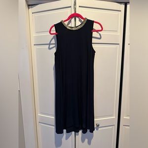 Medium navy sleeveless dress with gold neck detail